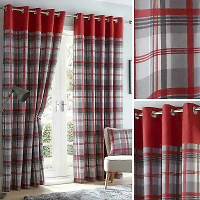 Portfolio Orleans Red & Grey Tartan Check Ring Top Curtains  Fully Lined • £21.99