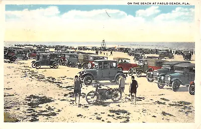 1921 Indian ? Motorcycle & Early Cars On Beach Pablo Beach FL Post Card • $15