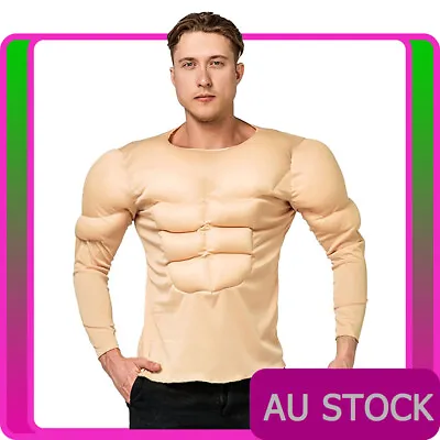 Mens Fake Muscle Shirt Body Suits Chest Pads Costume Abdomen Strong Abs Six Pack • £25.34