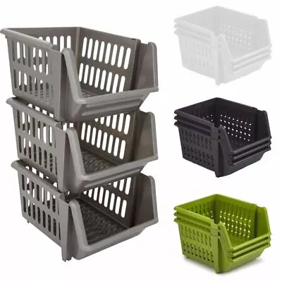 Set Of 3 Stackable Storage Basket Kitchen Fruit Vegetable Stacking Container Box • £10.99