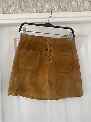 Stradivarius Leather Suede Tan Mini Skirt Cowboy Cross Zip Brown Size 8 Uk 36 Eu • £20