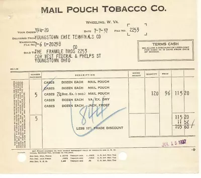 1937 Mail Pouch Tobacco Co. Bill Receipt Wheeling Virginia - Frankle Bros Co. • $29.95