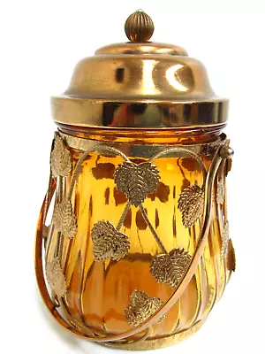 Vtg Schmid Amber Glass Jar Leaves Overlay Musical Lid 8  Cookie Jar W Handle • $42