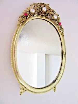 Vintage FLORENZA Small Metal Gold Tone Jeweled Rhinestones Pearls Vanity Mirror • $24.99