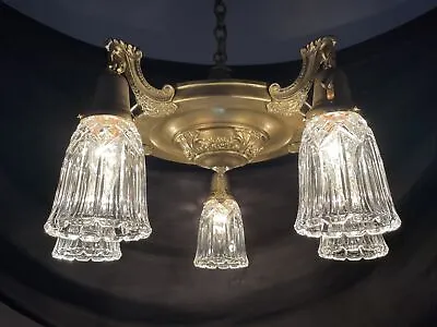 RESTORED Antique Vtg Art Craft Deco Victorian Chandelier Brass Crystal Pan Light • $599.99