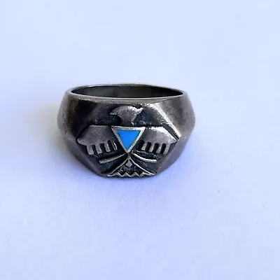 Native American Navajo Sterling Silver And Turquoise Thunder Bird Ring Size 4.75 • $65