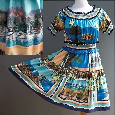 VTG Style Mexican Peasant Patio Dress Tropical Beach Scene Graphic Blue Print L • $79.99