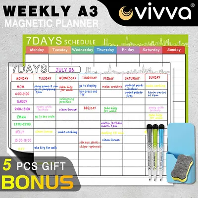 $16.96 • Buy A3 Weekly Planner Fridge Calendar Magnetic Whiteboard 3 Pens,1 Holder,1 Eraser