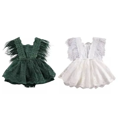 Baby Girls Lace Trim Hem Romper Sleeveless Feather Romper Princess Clothes 0-24M • $26.99