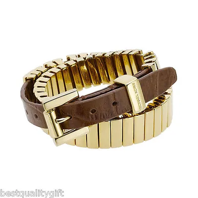 Michael Kors Gold+brown Croc Leather Wrap Around Bracelet+belt Buckle Mkj1070 • $174.99