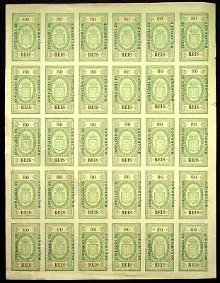 MOZAMBIQUE: Full 6 X 5 Imperf Sheet 80 Reis Overprint Revenue Examples (74116) • $4.98