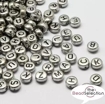 100 SILVER ACRYLIC MIXED ALPHABET BEADS 7mm ROUND ACR167 • £2.99