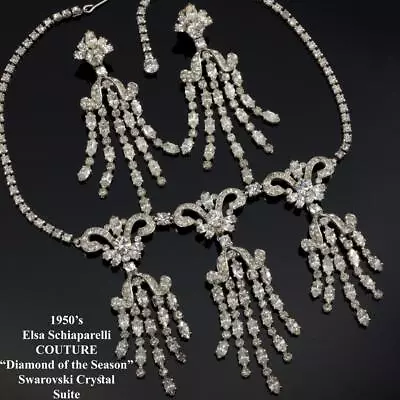 Elsa Schiaparelli COUTURE Necklace Set Swarovski Crystal 1950's Rhodium Plated • $7395