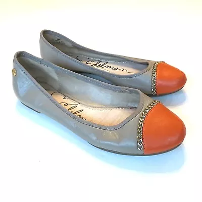 Libby Edelman Soft Leather Flats Gray Cap Toe Wedge Orange Gold Metal Details 6M • $12