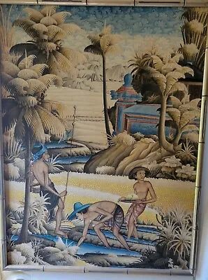 Vintage Balinese Bali Indonesia Ubud Painting Rice Farmers SIGNED Jarnu 23 X 31  • $165