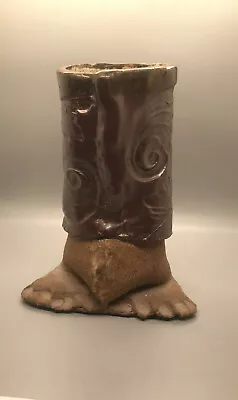 Brown Pottery Vase With Feet/Toes Very Unique  Signed 1970 Basket Weave Pattern  • $25