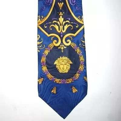 VERSACE RARE Vtg 90s Medusa Silk Tie Blue Gold Baroque Italy • $96.75