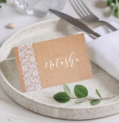 PERSONALISED Place Cards Wedding Name Meal Table Setting Hessian Lace Effect PC4 • £21