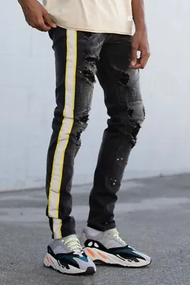 Men's Moto Ripped Yellow Stripe Safety Tape  Black Skinny Fashion Jeans  • $39.99