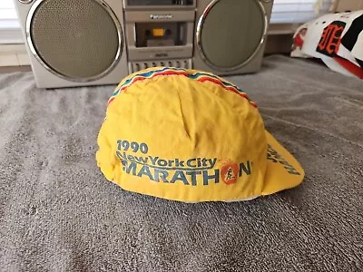 RARE VTG 1990 New York Marathon Yellow Race Hat W/Rainbow Stripe W/ John Hancock • $11