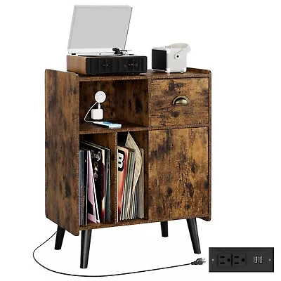 Vinyl Record Storage Cabinet W/ Charging Station Turntable Stand For Living Room • $129.99