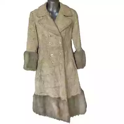 Vintage Fur Coat Beige Gray Trench Midi Length Women's Size 8 Measures Small • $72.99