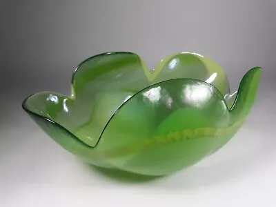 Murano Glass Fruit Bowl Apple Green Scallop Edges With Label 12  Long 5.25  Tall • $39