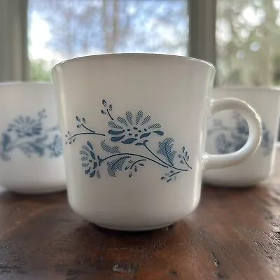 Vtg Corelle Colonial Mist Coffee Cups Mugs Set Of 5 Milk Glass White Blue Lot • $18