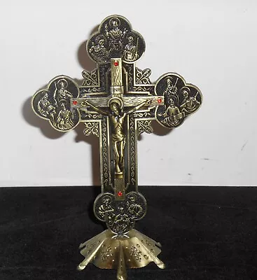 Vintage Bronze Tone Casted Metal Standing Crucifix 12 Apostles Red Stones • $34.95