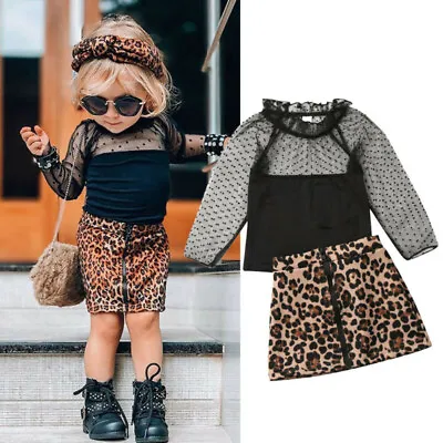 Toddler Baby Girl Clothes Lace Short Sleeve Top+Leopard Mini Skirt Outfit Set • $27.37