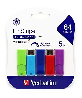 New Verbatim PinStripe 64GB USB 3.2 Type-A Flash Drive Assorted Colors - 5 Pack • $25
