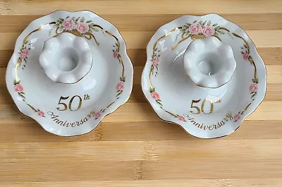 Lefton China 50th Anniversary Gift Set Of 2 Candle Holders Pink Roses Gold 50th  • £22.17