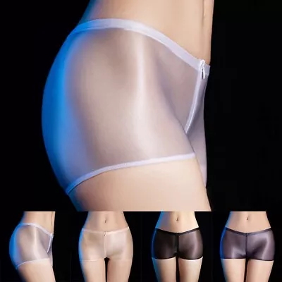Glossy Sheer Women's Boxer Brief Panties With Zip Up Open Crotch Sexy Lingerie • £8.93