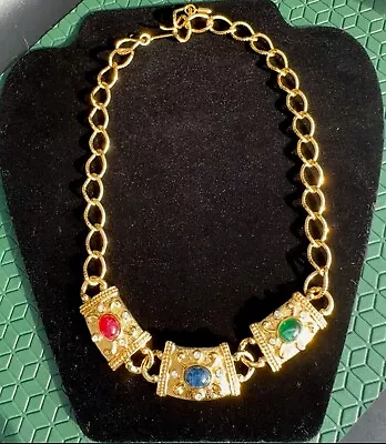 Vintage Faux Flawed Emerald Sapphire Ruby Cabochon Goldtone Etruscan Necklace • $75