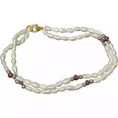 Vintage Double Strand Freshwater Rice Pearl Garnet Gold Bead Bracelet 7.5  • $42