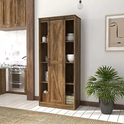 Rustic Brown Storage Cabinet Shelving Sliding Barn Door Pantry Organizer Utility • $224.90