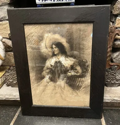 Antique Quartersawn Oak Mission Arts & Crafts Frame Charcoal Drawing Woman C1900 • $260