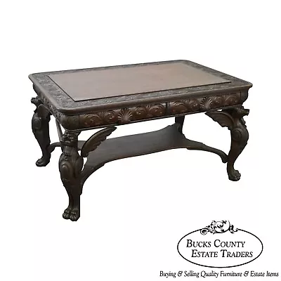 Horner Antique Carved Standing Winged Griffin Library Table Desk • $5495