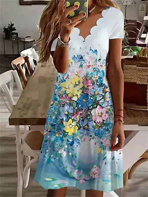 Womens Beach Floral Dress Ladies Party Pullover V-neck Dress Ruffle Shirt Dress • £8.99