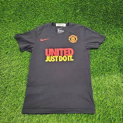 NIKE Manchester-United FC Soccer Shirt S 17x25 Faded-Black Just-Do-It Spellout • $11.99