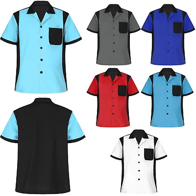 Men's 50s Retro Bowling Rockabilly Shirt Short Sleeve Camp Shirt With Pockets • £15.59