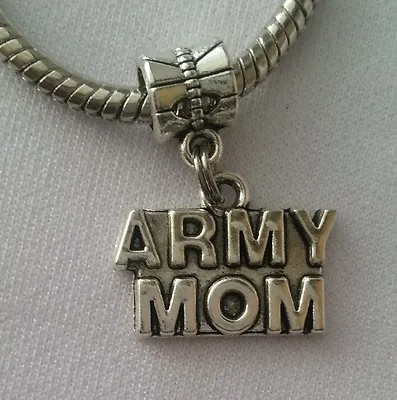 Army Mom USA Military Dangle Bead Silver Fits European Charm Bracelets • $10.98