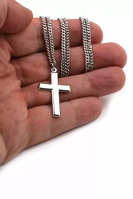 Sterling Silver Polished Cross Pendant Classic Necklace 24 Inch Chain Men Women • $77.75