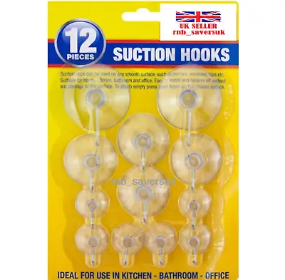 12 Vacuum Suction Hooks Adhesive Suction Cup 3x Sizes Hook Clear • £2.99