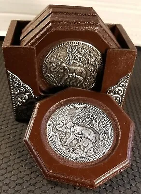 Vintage Wooden Coasters Set Of 6 W/ Holder Tin Stamped Elephant Artwork Inlaid • $24
