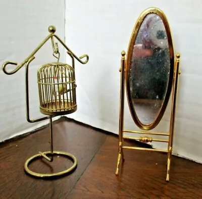 Miniature Brass Cheval Dressing 5  Mirror & 4.5  Tall Bird Cage W/Bird Nice Set! • $18