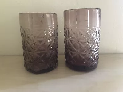 2 Rustic Mexican Mouthblown 14 Oz Tumblers Glasses Embossed Diamonds Purple Tint • $37.07