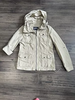 Eddie Bauer Utility Jacket Women's XS Tan Beige Hooded Full Zip 4 Multi Pocket • £12.64