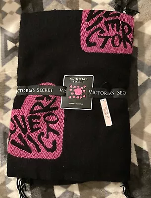 Victoria Secret Black Blanket With Pink Hearts And Fringe NWT 50inX60in 2011VS5 • $20