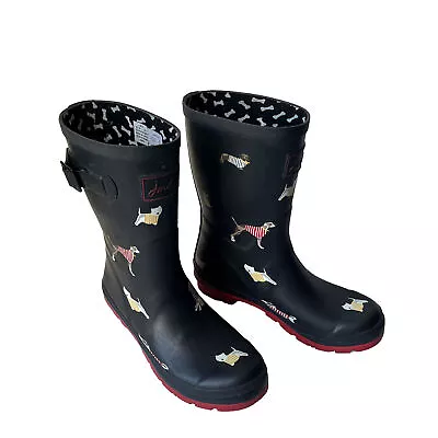 Joules Molly Welly Rain Boot Dog Print Mid-Calf Black Women's US 8/ EUR 39 /UK6 • $34.94